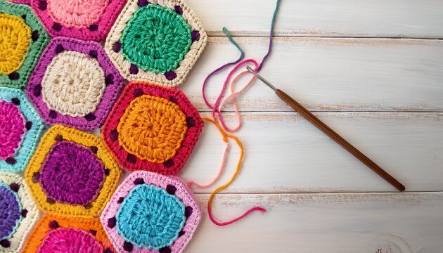 multicolored granny squares with crochet hook and white wooden ground