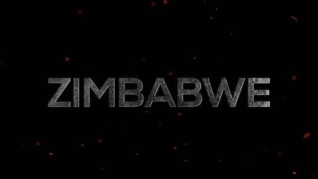 The word zimbabwe written in textured white typography with floating ember sparks