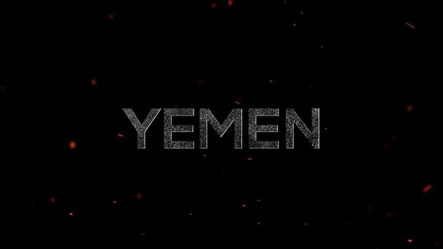 The word yemen written in textured silver typography with flying orange glowing embers and sparks