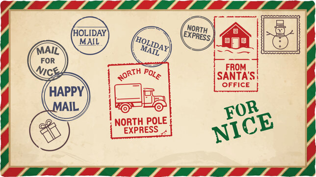 Christmas vector envelope with isolated postal rubber stamp seals