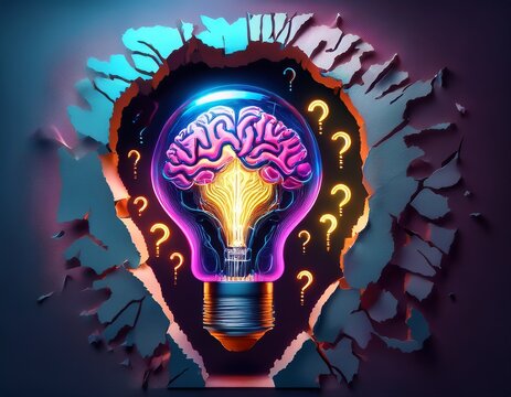 neon brain lightbulb in a ripped hole with glowing question marks concept of artificial intelligence innovation and digital marketing strategy