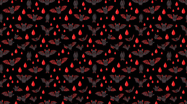 Spooky seamless pattern with bats and blood drops on black background