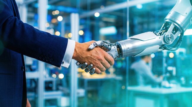 A businessman in a suit shaking hands with a robotic arm in a tech lab