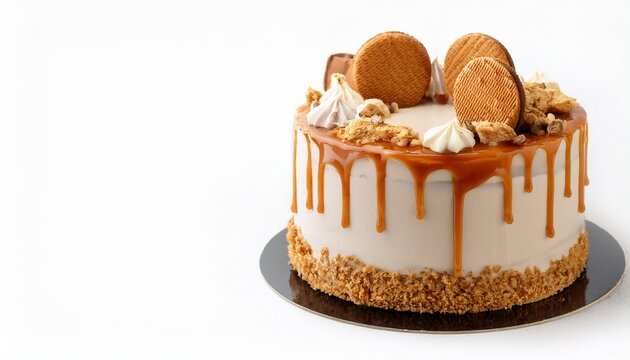 premium caramel cookie drip cake decorated with buttercream swirls and crunchy biscuit toppings isolated on a white background with generous copy space elegant gourmet dessert perfect for bakery adv