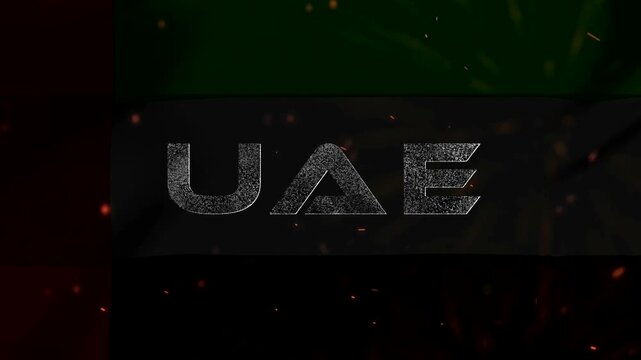 United Arab Emirates national flag background with metallic textured UAE letters