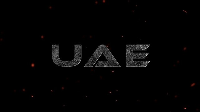 United Arab Emirates text logo design with metallic grit texture and floating sparks