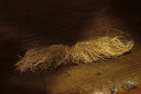 A pair of false mustaches lies on the table. These are theatrical mustaches for stage makeup, made of real hair.