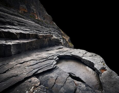 textured dark gray rock surface with jagged edges and crevices occupying the lower half starkly contrasted by a vast empty black void above natural rugged platform