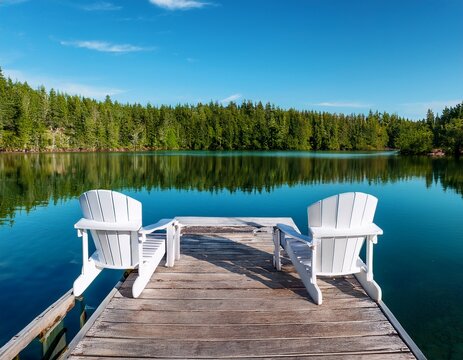 two white chairs await on a weathered dock by a tranquil blue lake
