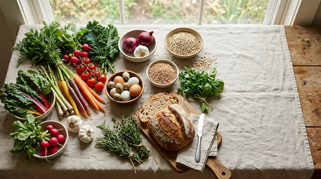 Colorful autumn harvest vegetables and fruits on rustic wooden table with greenery