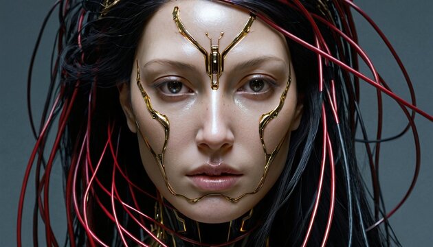 Cybernetic Portrait with Gold and Red Wiring Elements