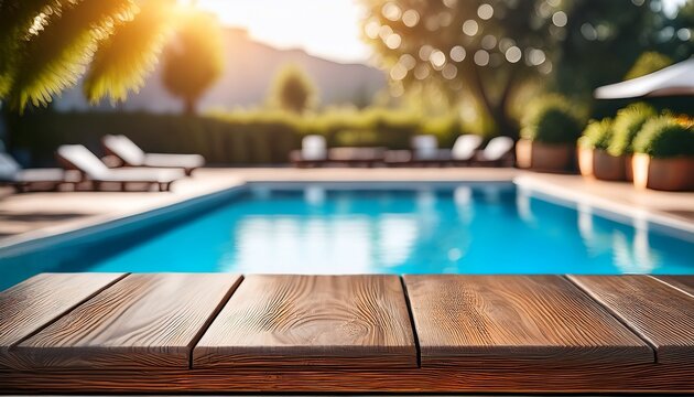 wooden outdoor table edge in focus beside a vibrant blurred swimming pool with sparkling blue water and soft bokeh reflections in background