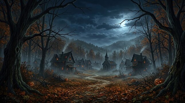 An eerie and atmospheric illustration depicts a haunted village under a full moon shrouded in mystery and spectral energy