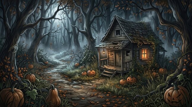 A chilling illustration depicts a haunted village shrouded in mist with a foreboding atmosphere and eerie architectural details