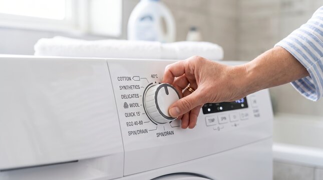 Hand turning washing machine dial to select laundry cycle at home. Laundry care and household chores. Domestic cleaning routine. Appliance operation and garment care. Wash day routine.