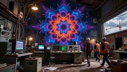 Obraz premium Industrial Tech Lab with Psychedelic Abstract Mural and Construction Workers