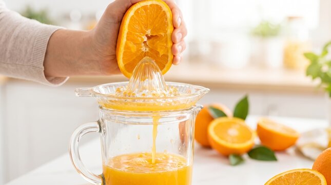 Hand squeezes orange on glass citrus juicer over pitcher of fresh juice. Homemade juice preparation. Fresh fruit nutrition and healthy eating. Citrus beverage in a home kitchen.