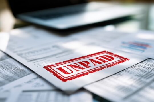 Financial documents with bold red unpaid stamp symbolizing overdue bills and pending payments in a workspace setting with blurred background