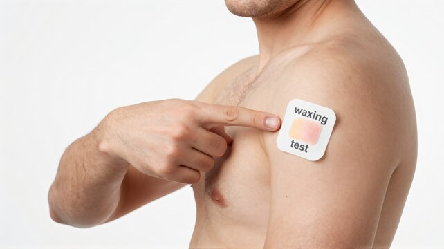 A man pointing at a waxing test patch on his arm