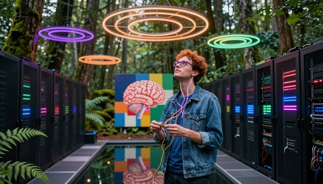 Tech Innovator with Neural Rings in Forest Data Center