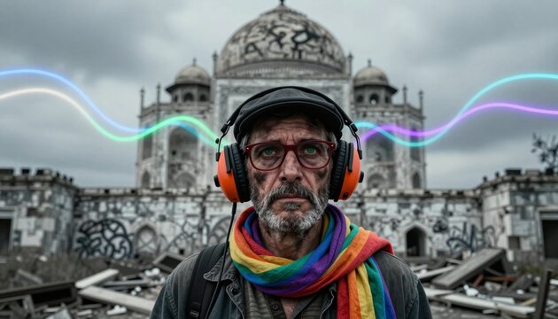 Man with Rainbow Scarf and Headphones in Graffiti-Adorned Ruins