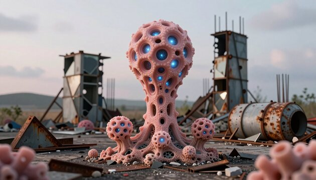 Pink Bioluminescent Sculpture in Abandoned Industrial Landscape