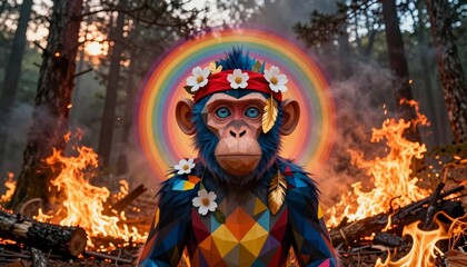 Obraz premium Digital Art of Blue Monkey with Rainbow Halo in Forest Fire Scene