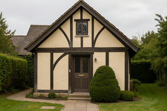 Tudor Revival cottage facade on a quiet garden path with half-timbering and leaded glass