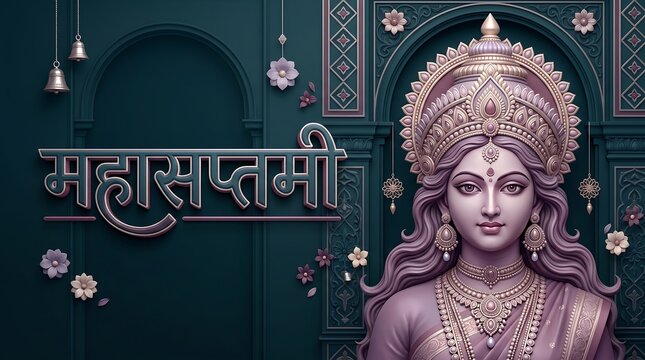 Goddess durga portrait for maha saptami festival celebration with traditional indian religious artwork and decorative background elements