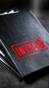 Black folders stacked with a bold red invalid stamp on the top folder symbolizing rejected or voided documents in a dimly lit office setting