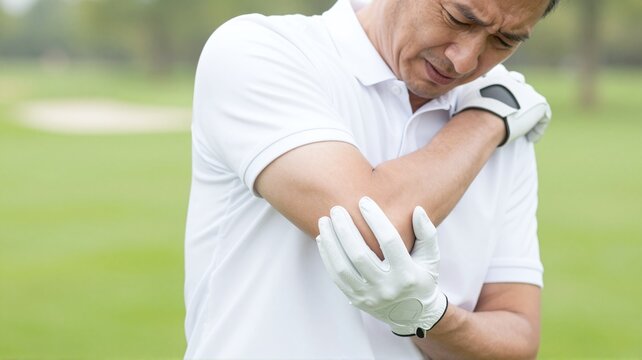 Golfer experiencing severe elbow pain while playing on the golf course