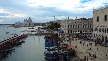 Venice Italy Gondolas Outside Doges Palace Aerial Drone HD Image © Guy