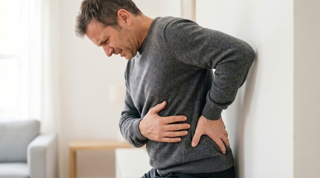 Man holding his lower back in pain at home. Back pain and muscle strain. Healthcare, spinal health and injury prevention. Pain management and medical care concept. Personal health concern.
