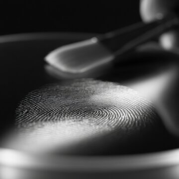 Detailed fingerprint analysis with forensic brush on black background highlighting unique ridge patterns in crime scene investigation process