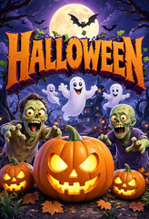Fototapeta premium Fun Cartoon Halloween Scene with Zombies, Cute Ghosts 