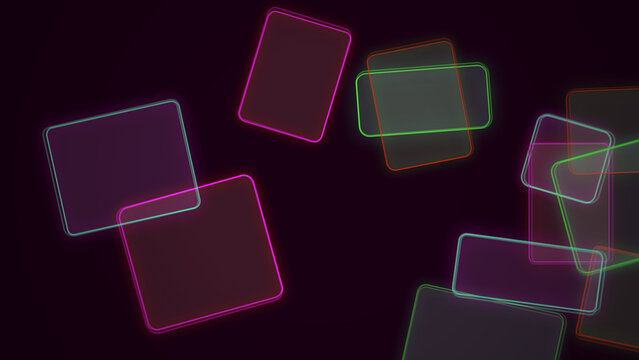 Glowing rounded rectangle shapes float across a dark purple background in an abstract composition.