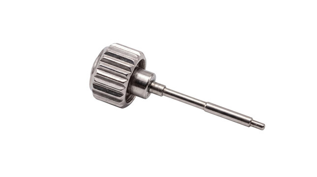 Stainless steel watch crown with winding stem, metallic wristwatch repair spare part, precision horology mechanical element for watchmaking isolated PNG with Transparent Background