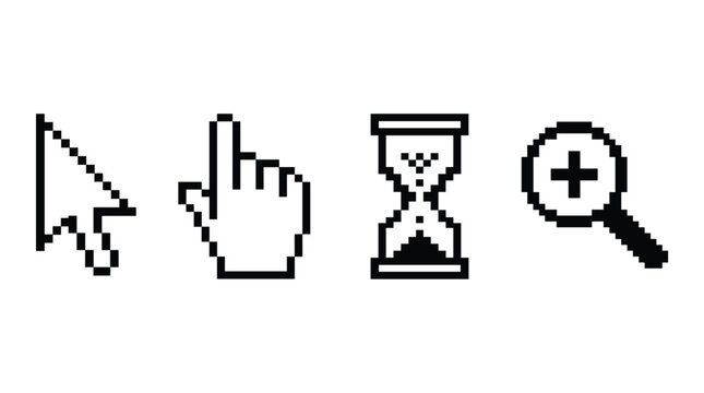 Set of black and white pixelated computer mouse cursor icons representing selection hand pointer hourglass loading state and zoom in magnification tool