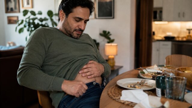 adult man sitting at a dining table after a heavy meal, holding his bloated stomach and unbuttoning his jeans while looking uncomfortable with abdominal pain at home