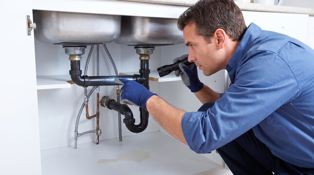 Plumber inspecting pipes beneath a double sink with flashlight. Plumbing repair and leak detection. Home maintenance and water damage prevention. Pipe troubleshooting and household