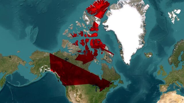 Canada country highlighted with flag texture and animated map pointer in digital video footage