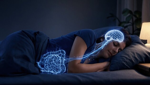 Woman sleeping peacefully in bed with glowing brain and intestines connected by neural pathways illustrating the gut brain connection