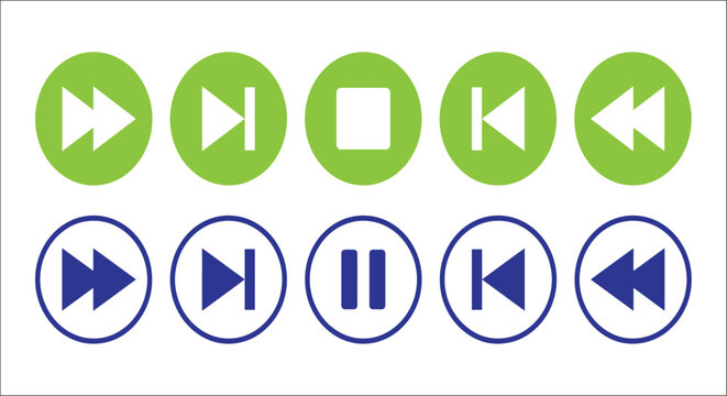 Media player control icons with play pause and rewind symbols are displayed in green and blue playback controls interface fastforward skip symbol glyph icon pictogram