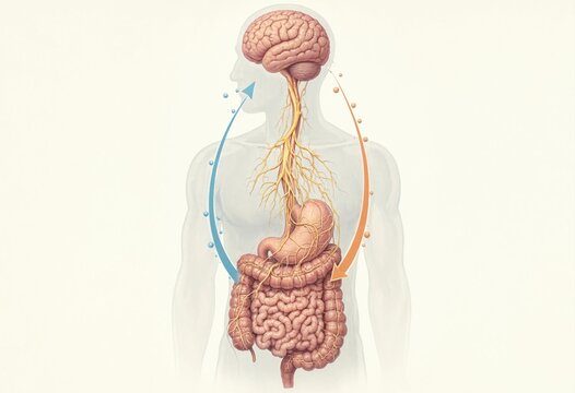 Anatomical diagram of the human body showing the vagus nerve connecting the brain, stomach and intestines with bidirectional arrows