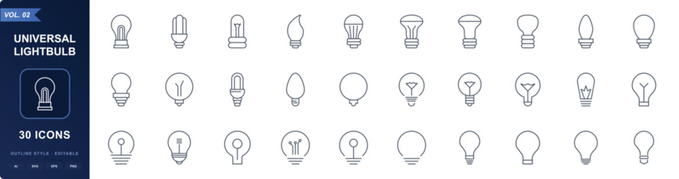 Thirty different lightbulb shapes in outline style, spanning LED, CFL, candle, Edison filament, globe, reflector, halogen, torpedo, and bayonet base lamp types