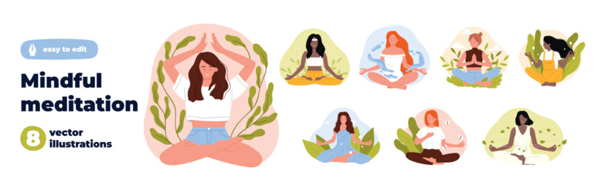 Set of women practicing mindful meditation in lotus pose, surrounded by leaves and soft abstract shapes. Calm wellness scenes express relaxation, balance, breathing, serenity vector illustration