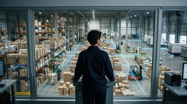 Logistics specialist observing warehouse operations from control room. Vertical view of supply chain management