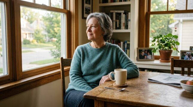 Mature woman enjoying normal morning after recovery at home. Patient looking out the window with coffee
