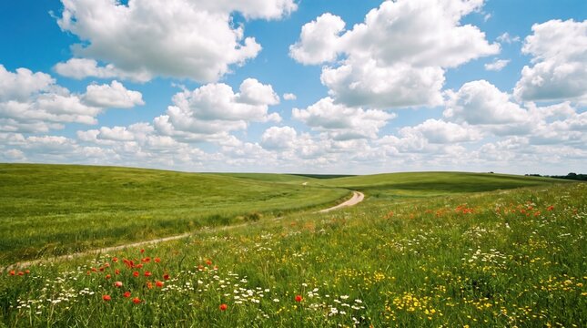Vibrant green rolling hills with winding dirt path and wildflowers under a blue sky