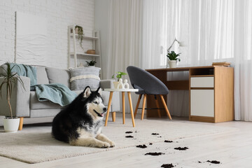 Pet behavior and home mess, husky dog lying on carpet with spilled soil from houseplant in living room interior © Pixel-Shot
